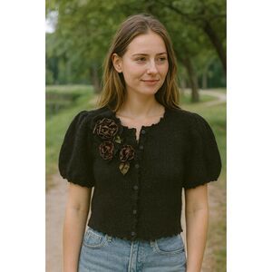 VINTAGE Susan Bristol floral applique cardigan black puff sleeves sweater Medium